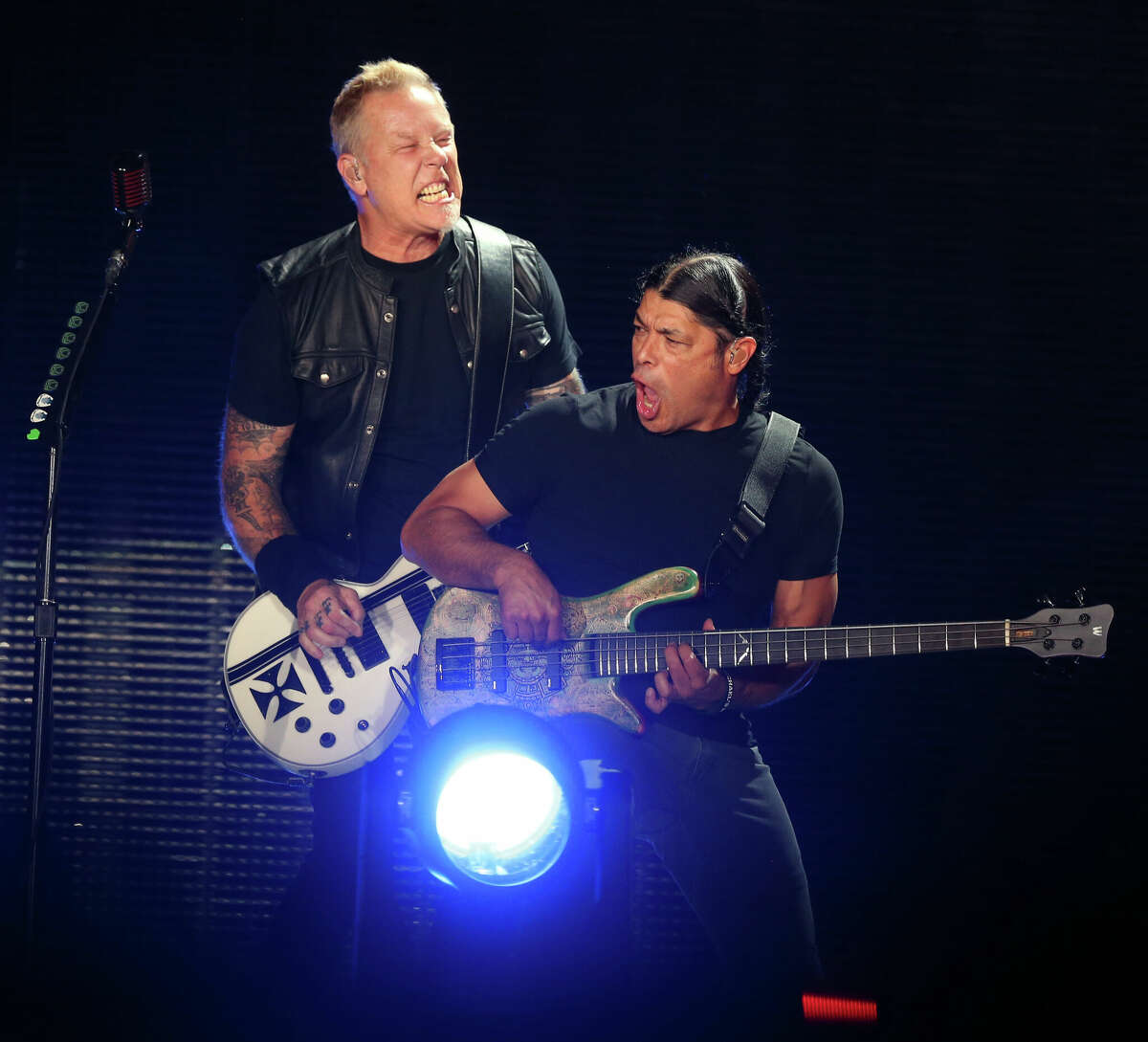 James Hetfield, left, and Robert Trujillo of Metallica perform at Soldier Field on June 18, 2017 in Chicago. On Monday, the heavy-metal band released its first new track in six years.