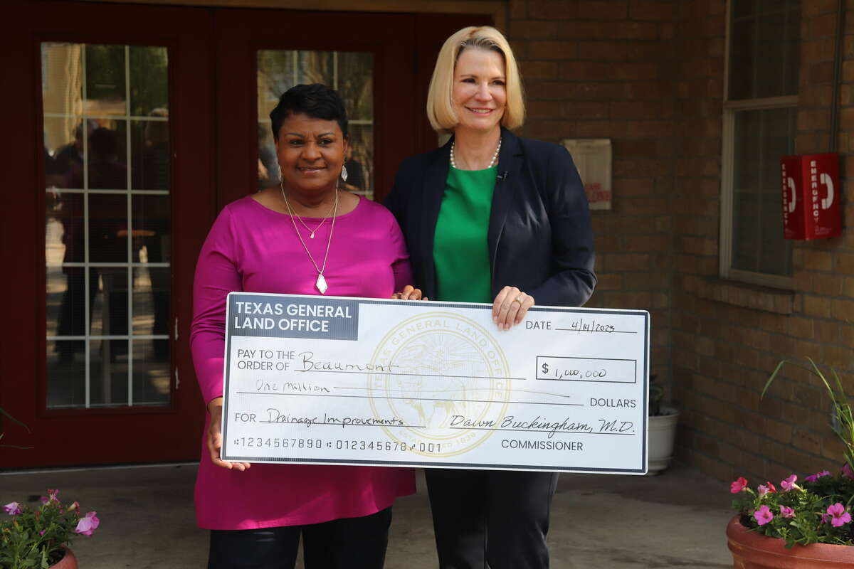 Beaumont Mayor Robin Mouton and Texas Land Commissioner Dawn Buckingham pose for a photo on April 14, 2023 at Sunlight Manor Apartments in Beaumont.