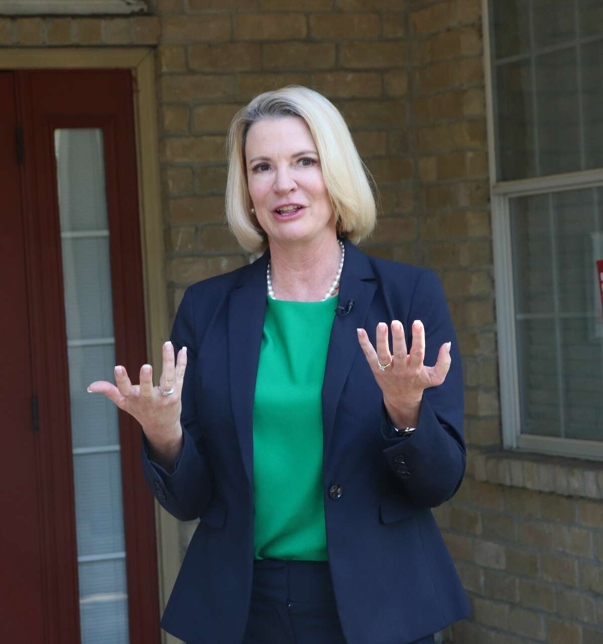 Texas Land Commissioner Dawn Buckingham speaks at an event awarding Southeast Texas cities funds for Tropical Depression Imelda damage on April 14, 2023 at the Sunlight Manor Apartments in Beaumont.