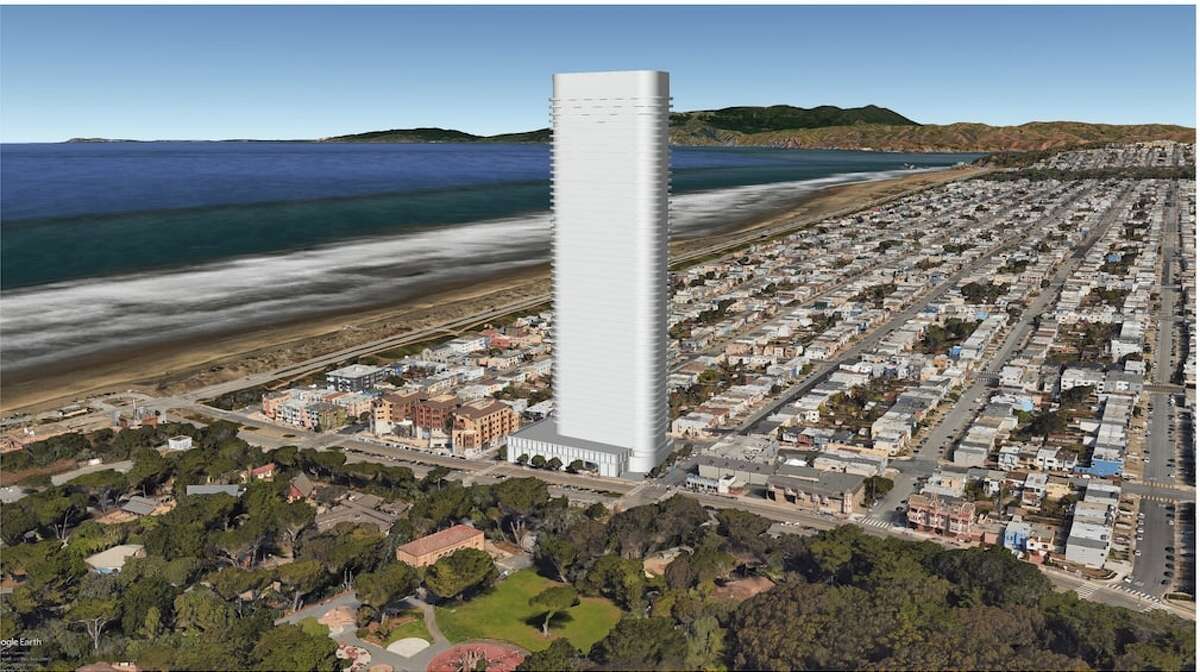 旧金山外日落区(Outer Sunset)拟建的一座55层建筑的效果图显示，这座高层建筑将如何耸立在两层和三层住宅之上。