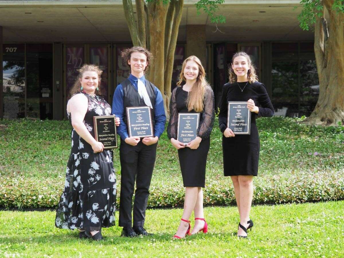 Winners from the 118th Stark Reading ContestLeft to Right: Shelby Eason - 2nd Place in Interpretive Reading (Orangefield), Triston Tinkle - 1st Place in Interpretive Reading (Vidor), Ashley Callahan - 1st Place in Declamation (Vidor), Sadie Prouse - 2nd Place in Declamation (Orangefield)