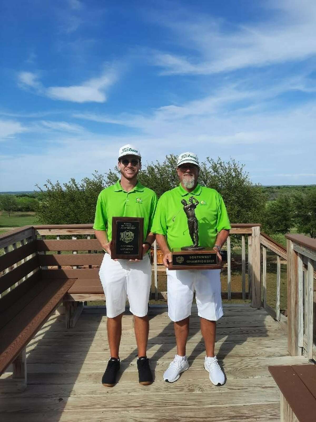 Midland College's Chris Wardrup and coach Walt Williams hold up their hardware after Wardrup won the medalist title and the Chaps won the team title at the Southwest Championship, April 14 at Hideout Golf Club in Brownwood. 