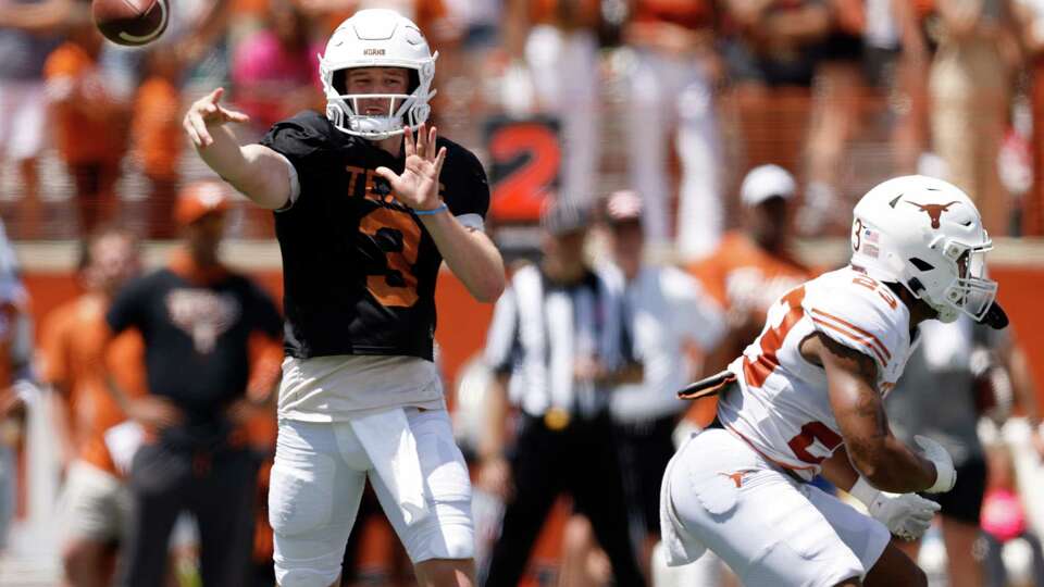 AUSTIN, TEXAS - APRIL 15: Quinn Ewers #3 of the Texas Longhorns throws a pass during the Texas Football Orange-White Spring Football Game at Darrell K Royal-Texas Memorial Stadium on April 15, 2023 in Austin, Texas.