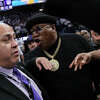 SACRAMENTO, CALIFORNIA - APRIL 15: Earl Tywone Stevens Sr., known as the rapper E-40, yells at arena security personnel before being escorted from courtside seating during Game One of the Western Conference First Round Playoffs between the Golden State Warriors and Sacramento Kings at the Golden 1 Center on April 15, 2023 in Sacramento, California. NOTE TO USER: User expressly acknowledges and agrees that, by downloading and or using this photograph, User is consenting to the terms and conditions of the Getty Images License Agreement. (Photo by Loren Elliott/Getty Images)