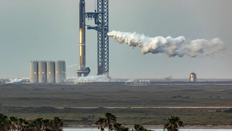 SpaceX's Starship and Super Heavy rocket system stands Monday, April 17, 2023, at the company's Boca Chica launch site as the company prepares for the rocket's scheduled 8 a.m. launch.