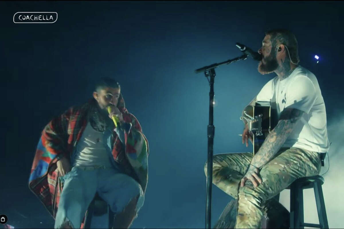 Bad Bunny and Post Malone perform at Coachella on April 14, 2023.