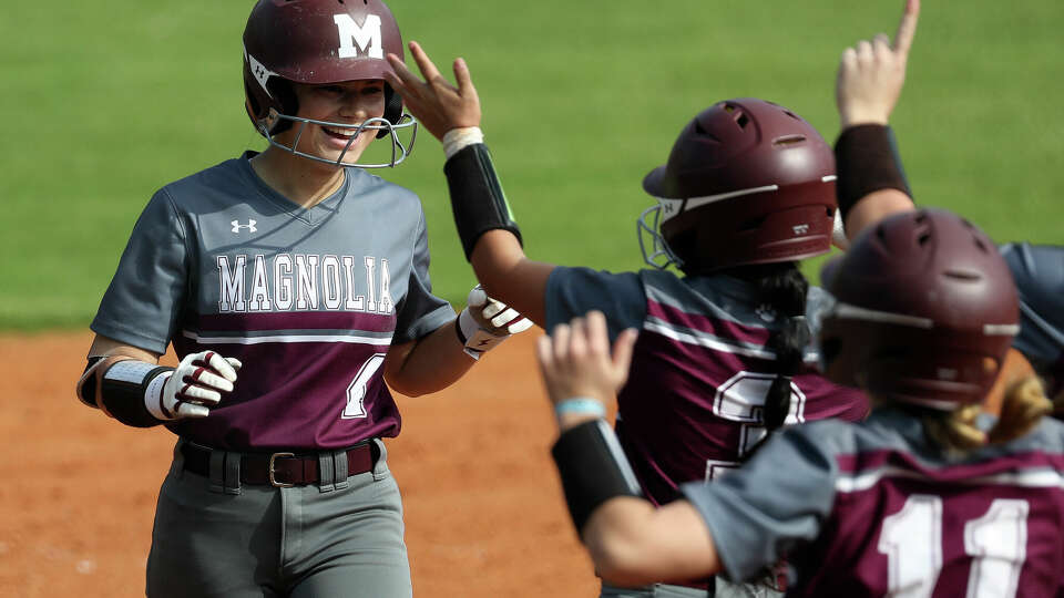 Magnolia's Stevie South reacts after hitting a game-winning 3-RBI triple to give the Lady War Eagles a 5-4 win over Spring during the Oak Ridge Round Robin softball tournament at Oak Ridge High School, Thursday, Feb. 23, 2023, in Oak Ridge North.