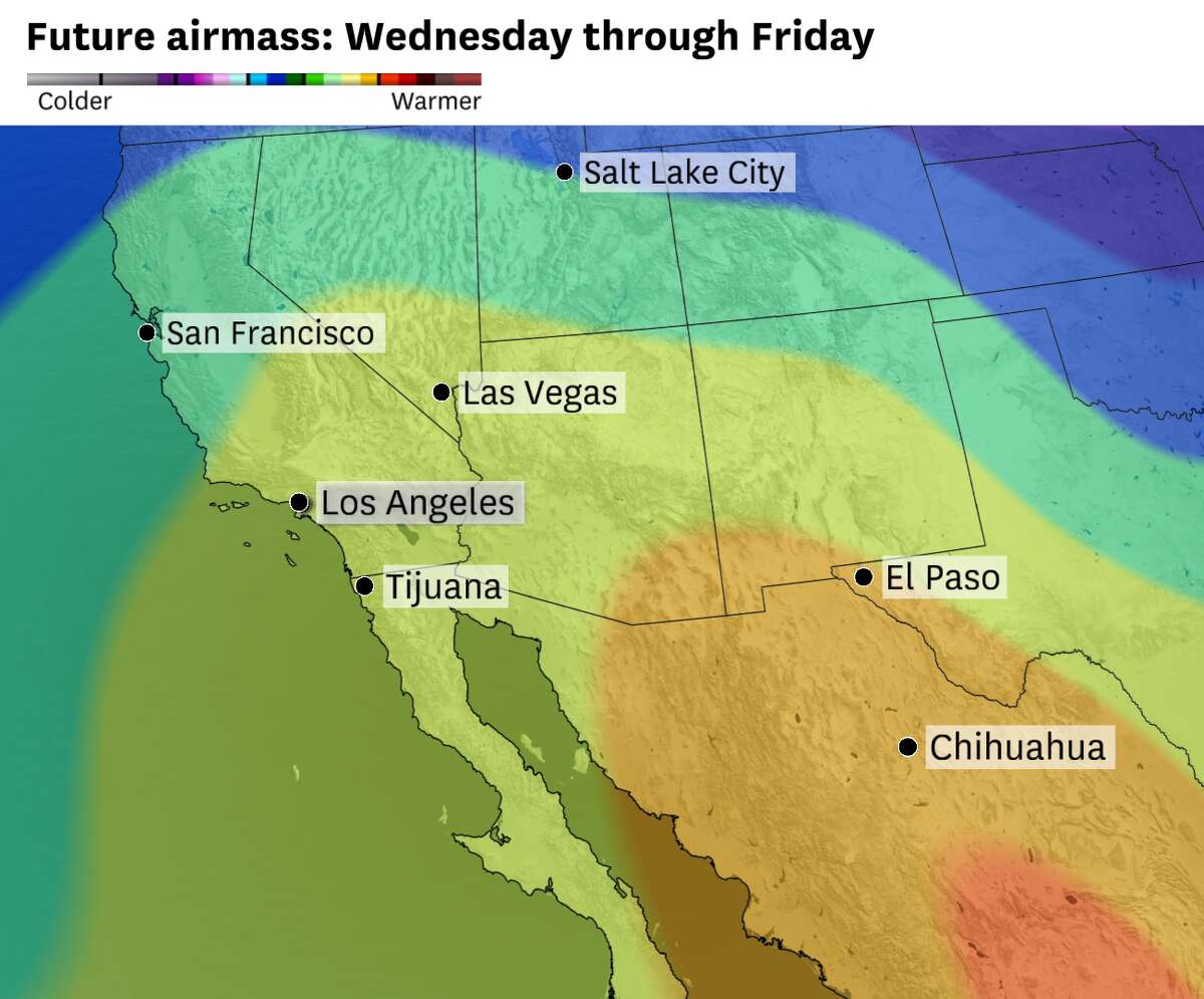 墨西哥奇瓦瓦沙漠上空约5000英尺的高压脊将在未来几天扩展到美国西部，并在周四和周五将其集中在西海岸上空，使加州变暖。