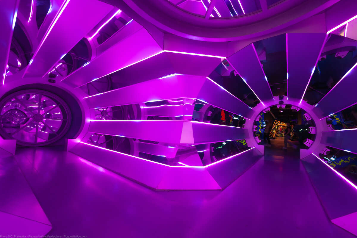 Visitors can choose which glowing purple portal to enter at Houston's Seismique experience.