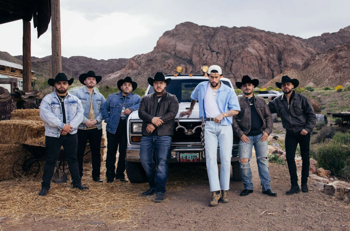 Bad Bunny and Grupo Frontera are pictured in this handout image from their video shoot for single "Un x100to."