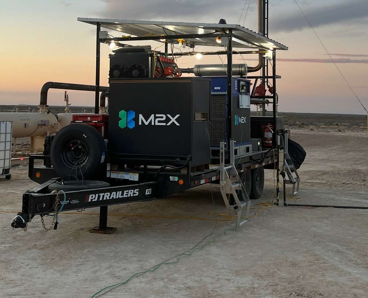 An M2X Energy trailer that can be taken to a well pad to capture natural gas that would be flared and convert it into methanol.