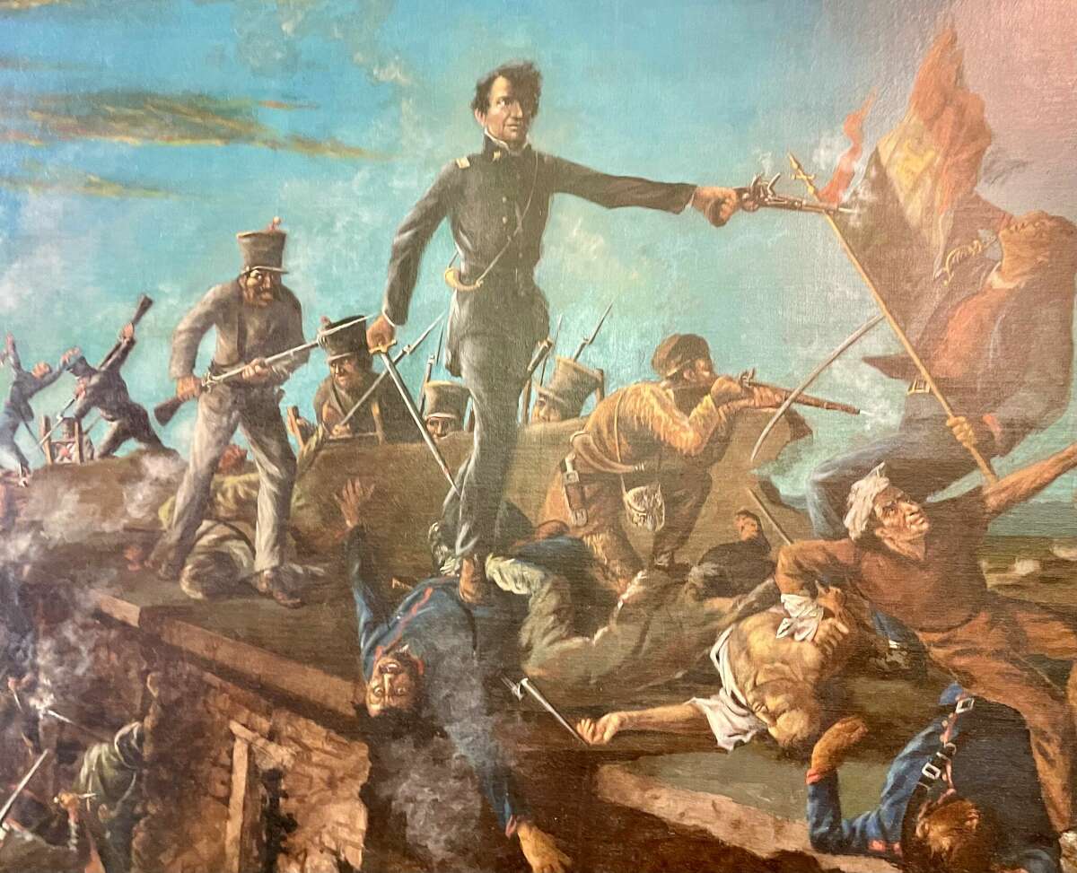 A detail from William McArdle’s “Dawn at the Alamo” — which hangs in the Texas Senate — shows a Mexican soldier preparing to stab William Travis in the back.