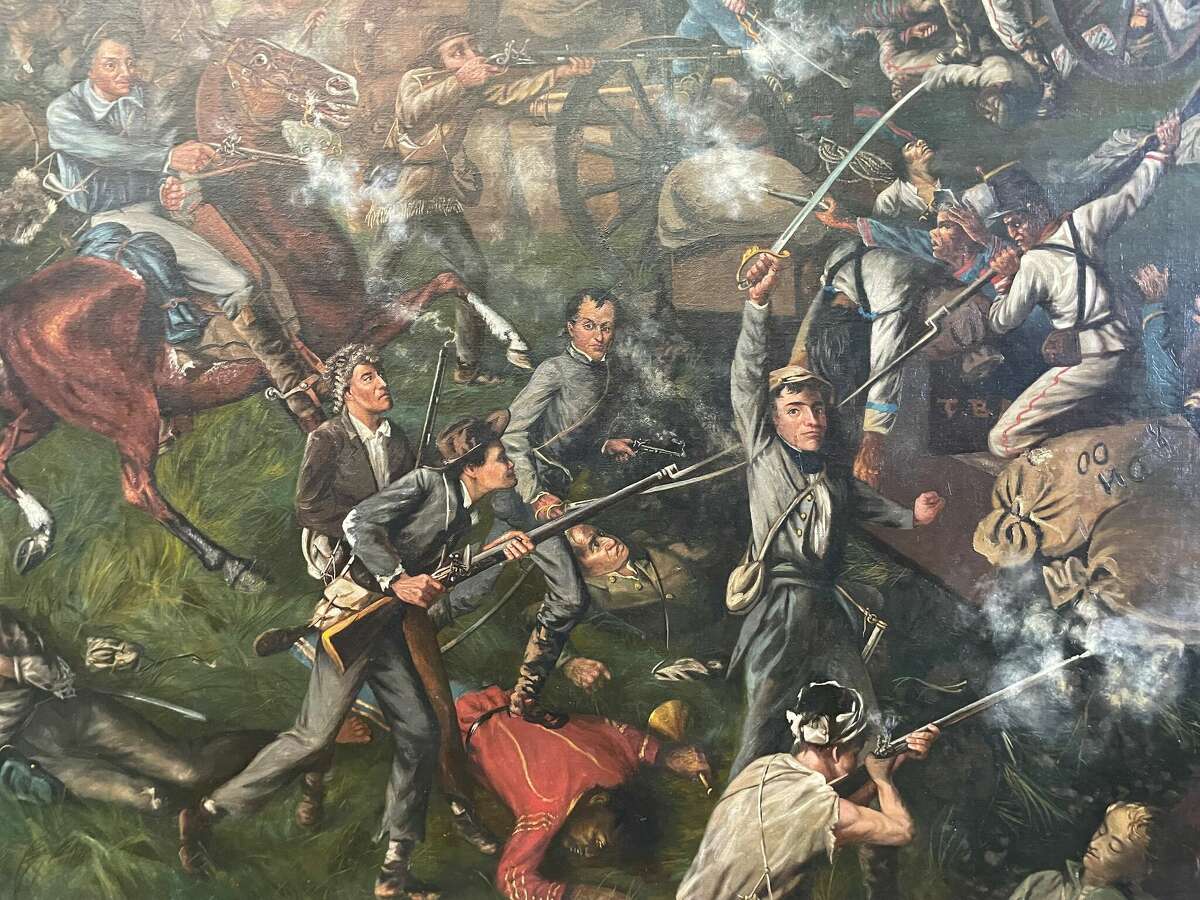 A detail from William McArdle’s “The Battle of San Jacinto,” which hangs in the Texas Senate. The battle was one-sided: 630 Mexican troops died, but only nine Texians.