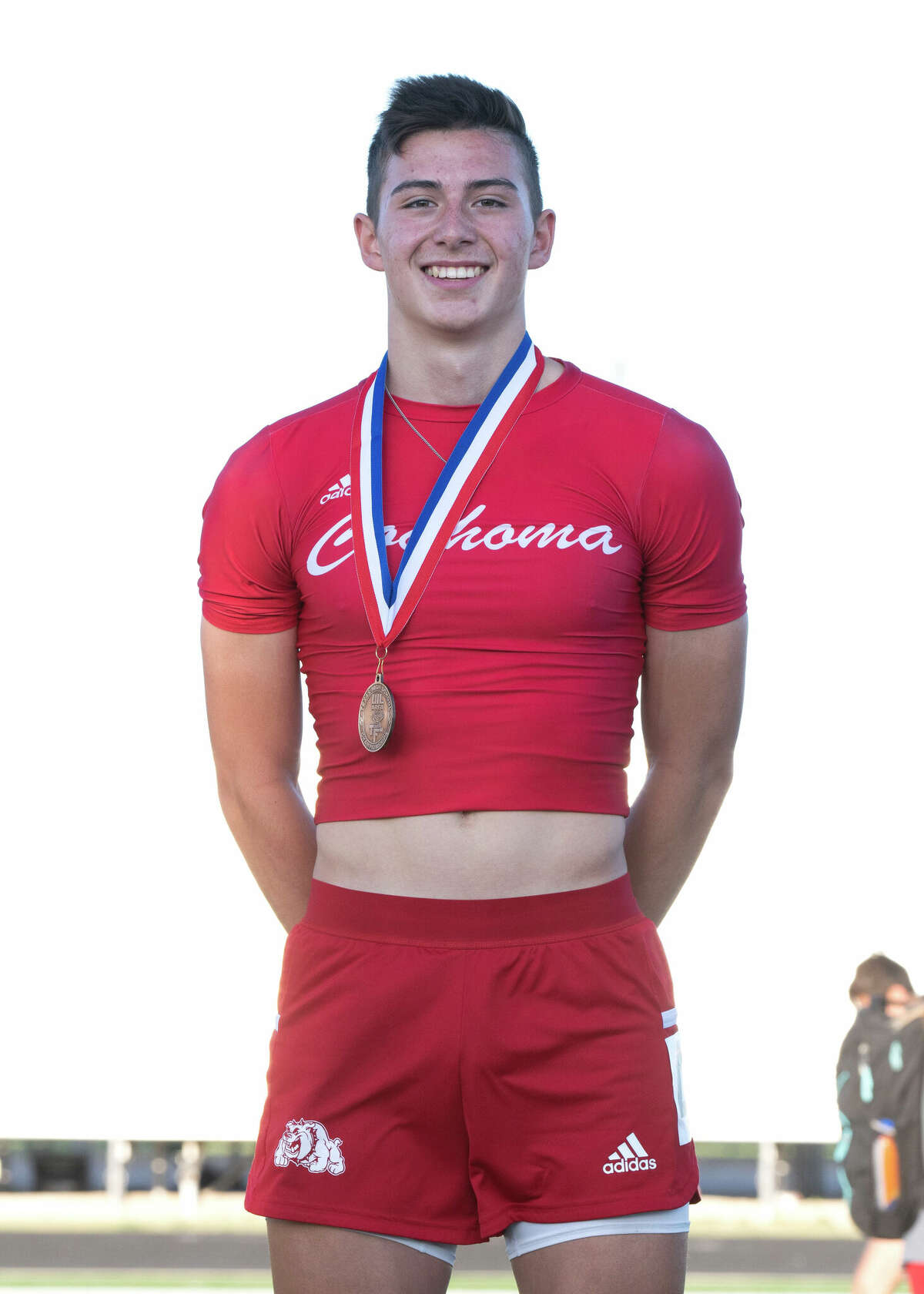 Coahoma's Tristan Guerrero poses with his gold medal in the 200m dash earned at the Districts 5-3A/6-3A area meet held at Wall on Wendesday, April 19, 2023. The Coahoma High School senior finished with a time of 22.70. 