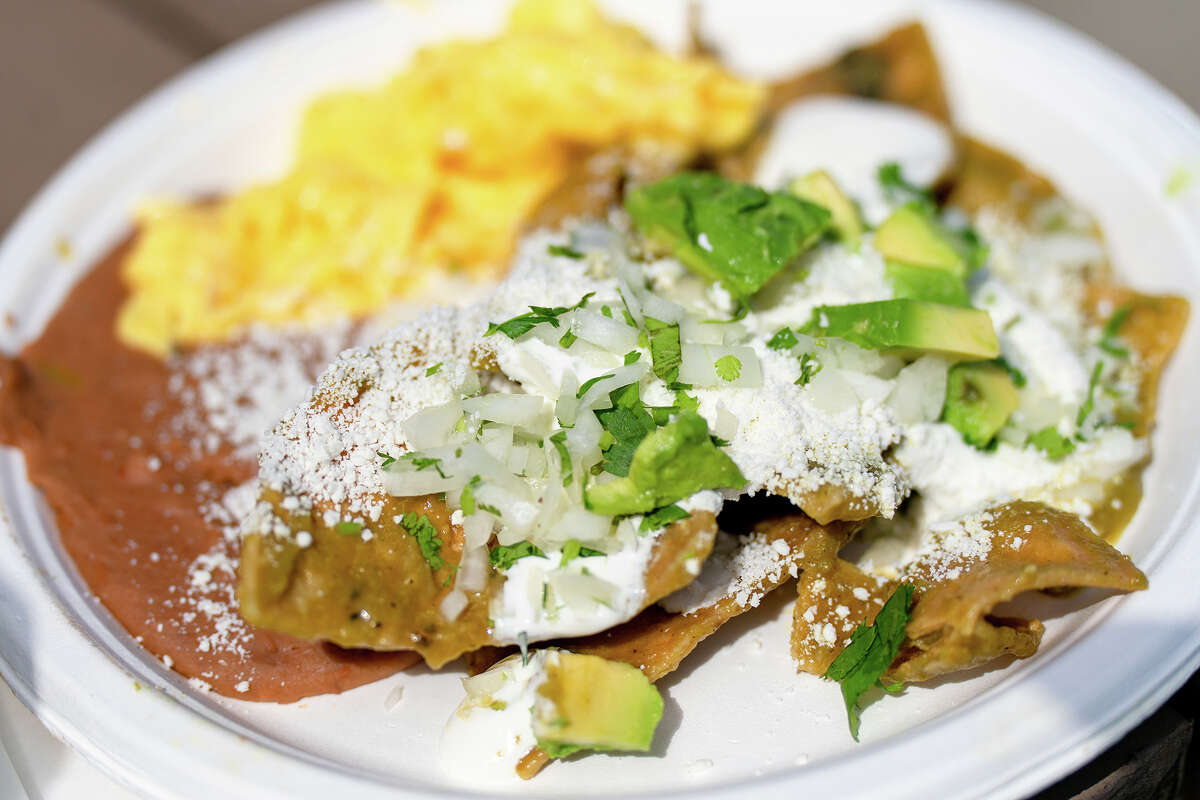 An order of chilaquiles verdes from Primavera at the Ferry Plaza Farmers Market on Saturday, April 15, 2023.