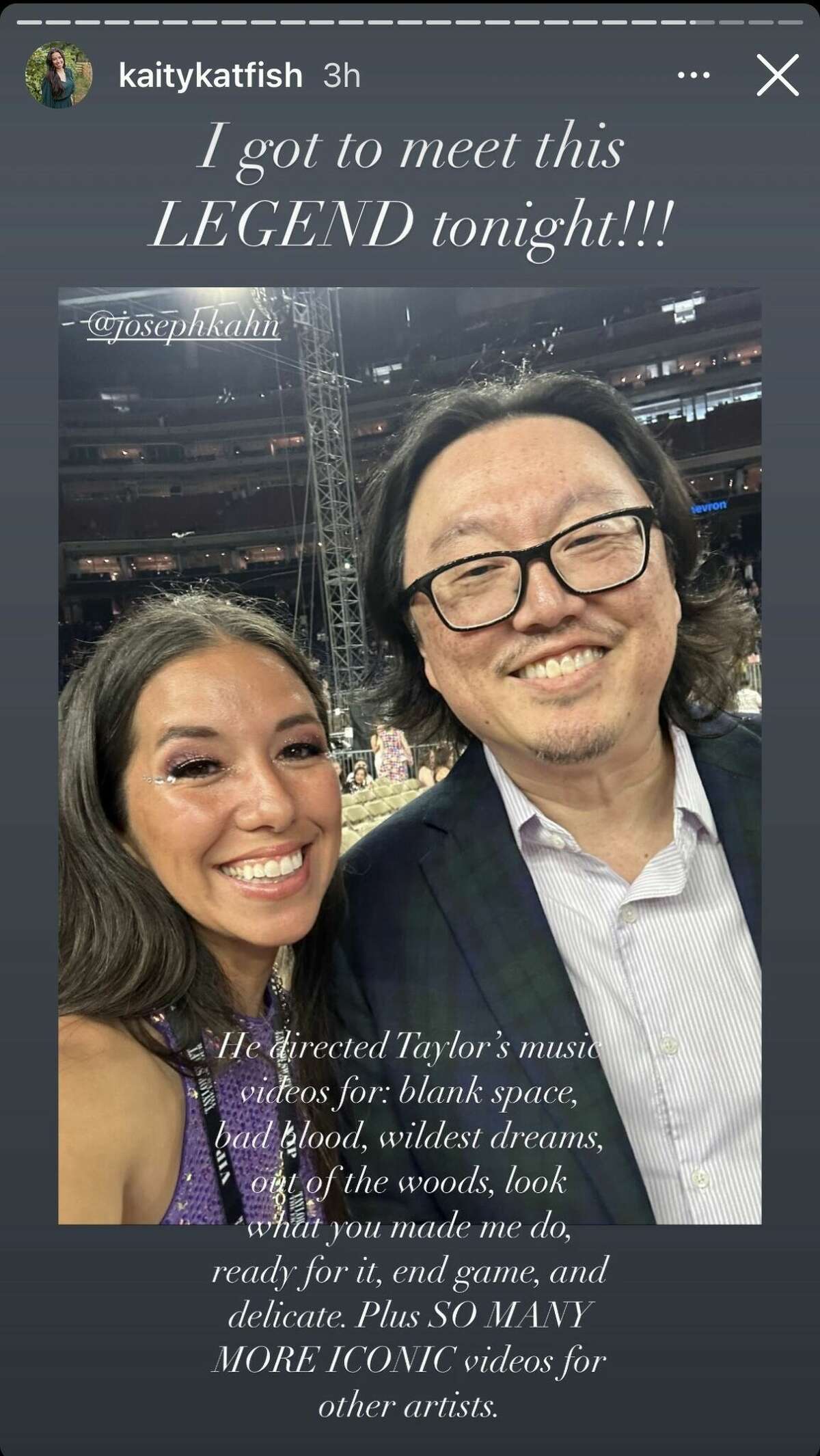 Music video director Joseph Kahn, who grew up in Houston, was at the first night of Taylor Swift's Eras Tour at NRG Stadium. 