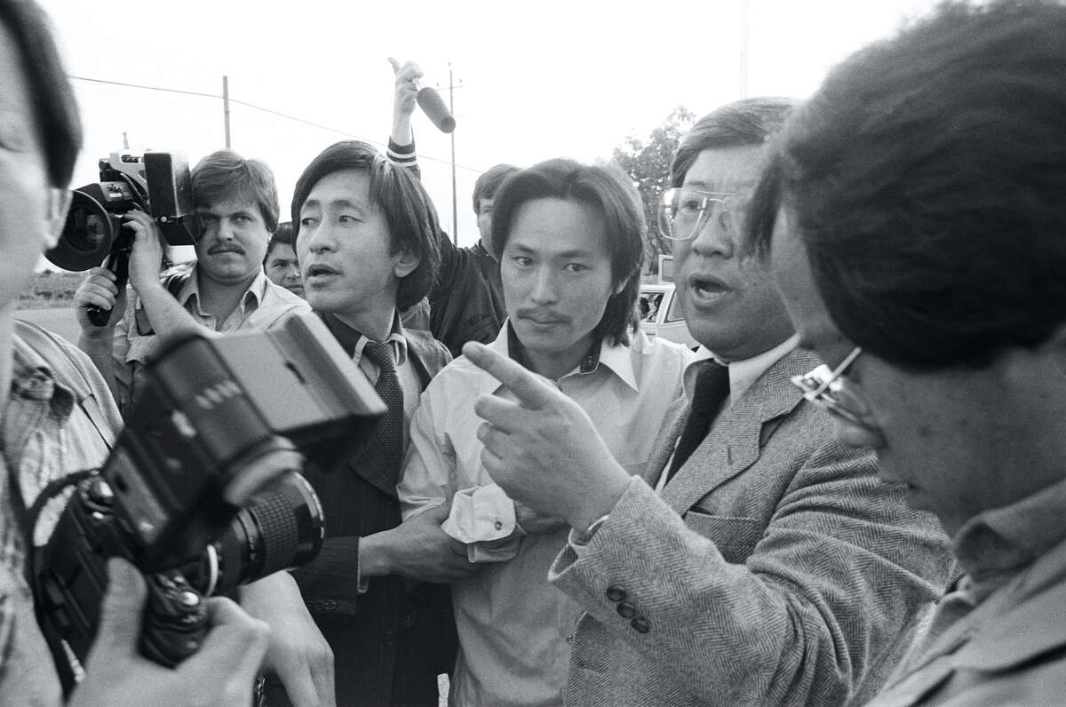 TV news crews surround Chol Soo Lee after he is released from prison on March 28, 1983.