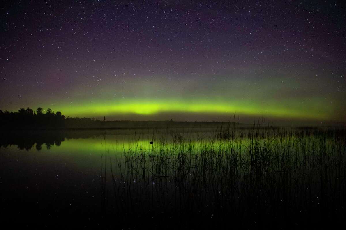 An aurora borealis illuminates the northern horizon at Wolf Lake in Cloquet State Forest in Minnesota in 2019. 