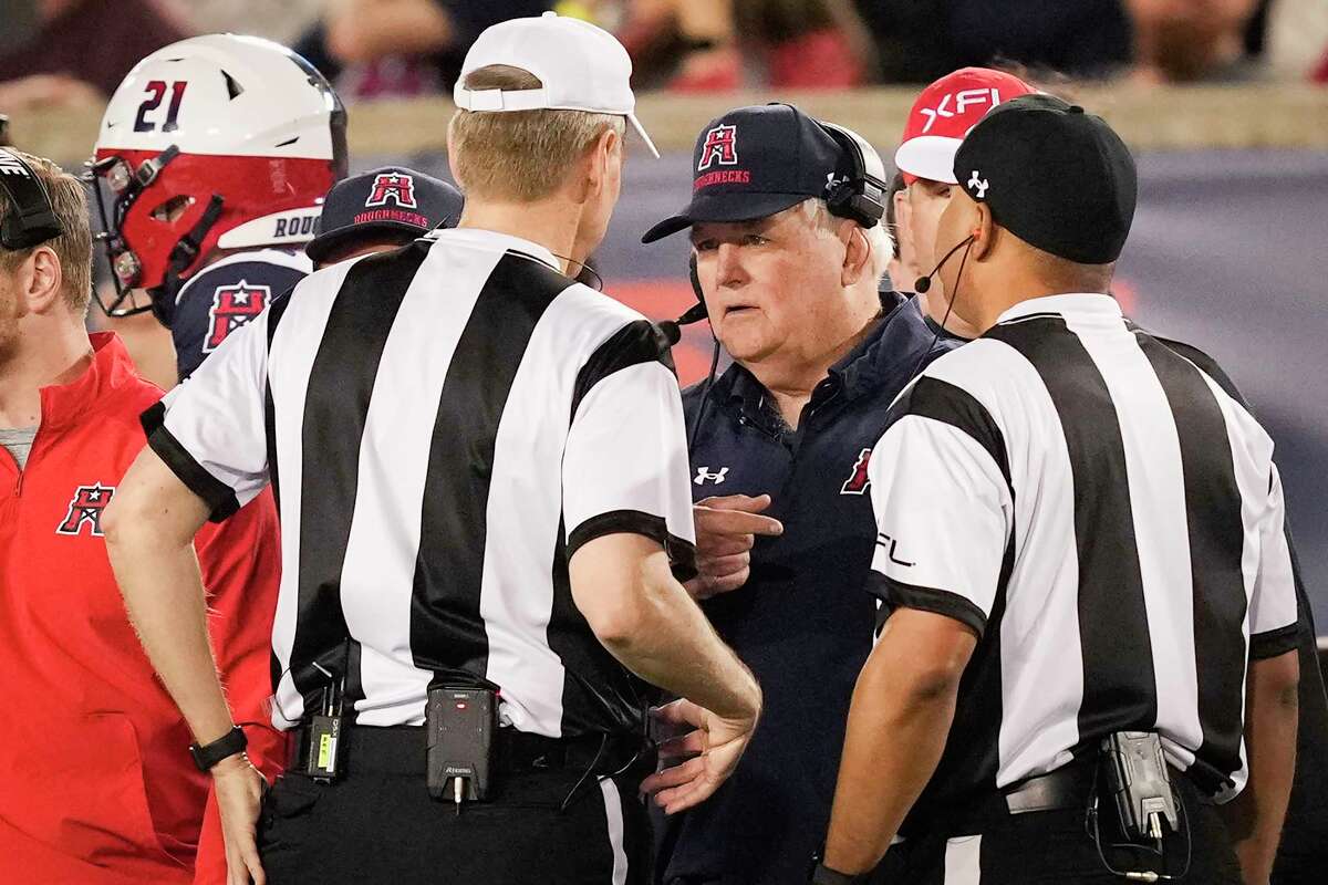 Houston Roughnecks head coach Wade Phillips challenges a call during the second half an XFL football game against the Arlington Renegades Sunday, Feb. 26, 2023, in Houston.