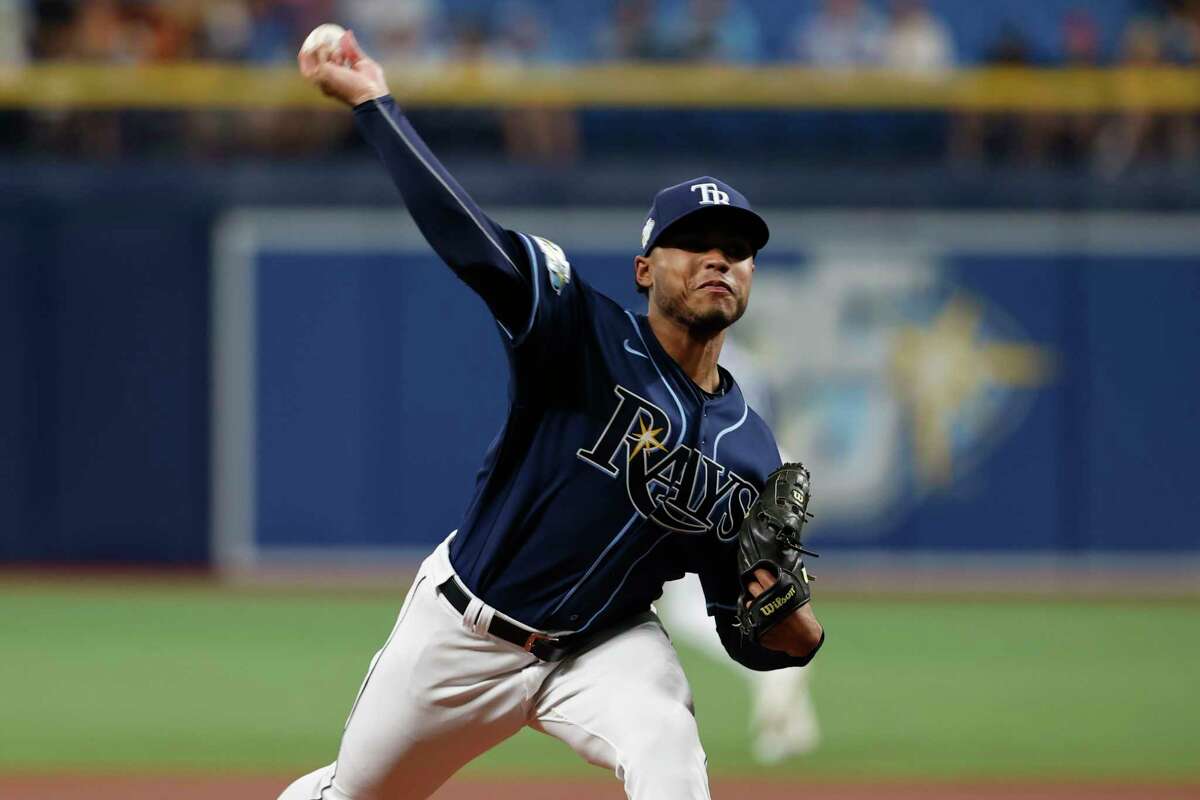 Tampa Bay Rays starting pitcher Taj Bradley throws to a Houston Astros batter during the first inning of a baseball game Monday, April 24, 2023, in St. Petersburg, Fla.
