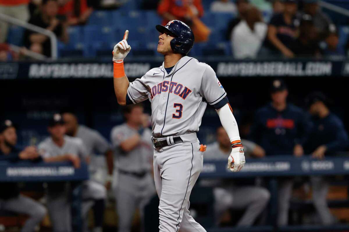 Houston Astros' Jeremy Pena celebrates after hitting a run against the Tampa Bay Rays during the third inning of a baseball game Monday, April 24, 2023, in St. Petersburg, Fla.