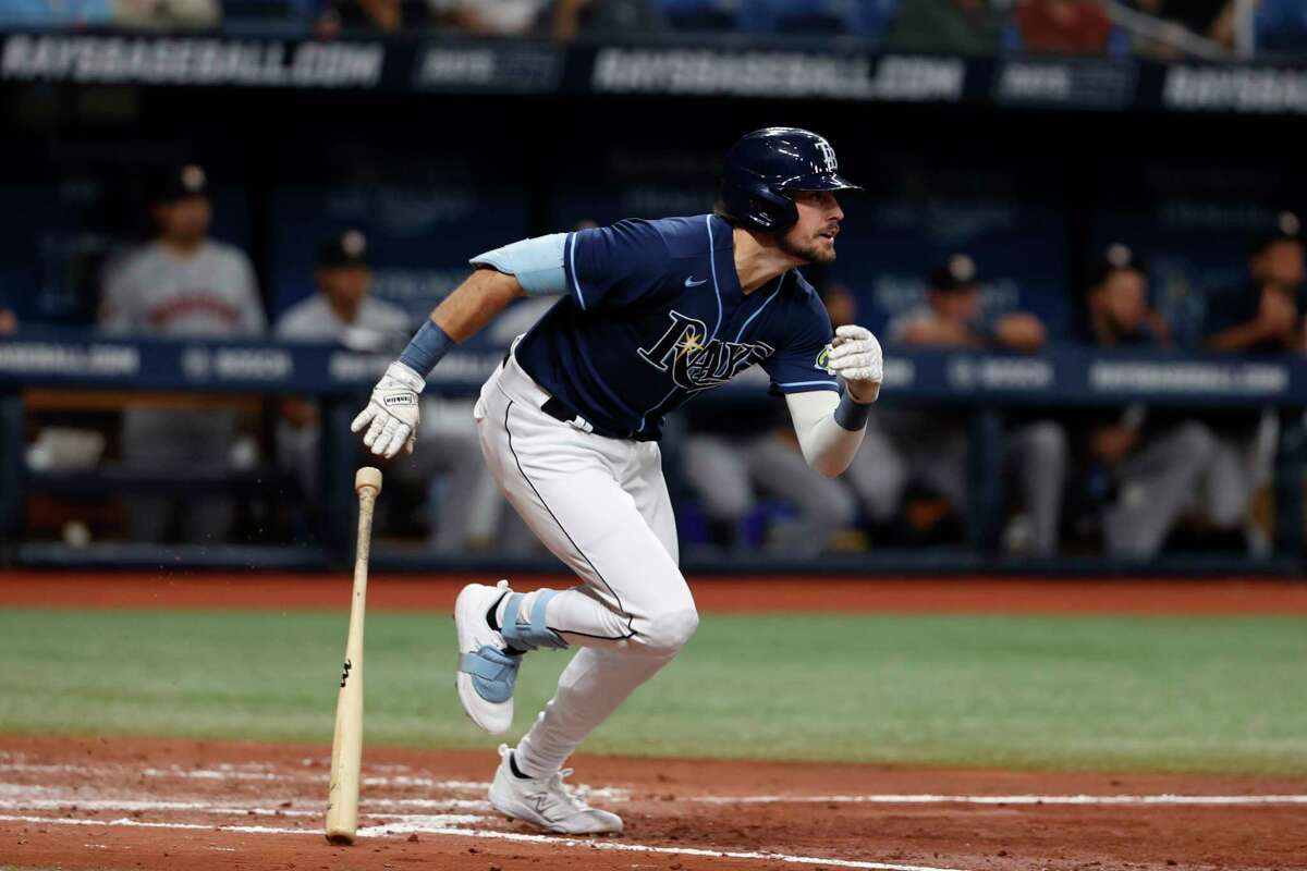 Tampa Bay Rays' Josh Lowe watches his RBI-single against the Houston Astros during the third inning of a baseball game Monday, April 24, 2023, in St. Petersburg, Fla.