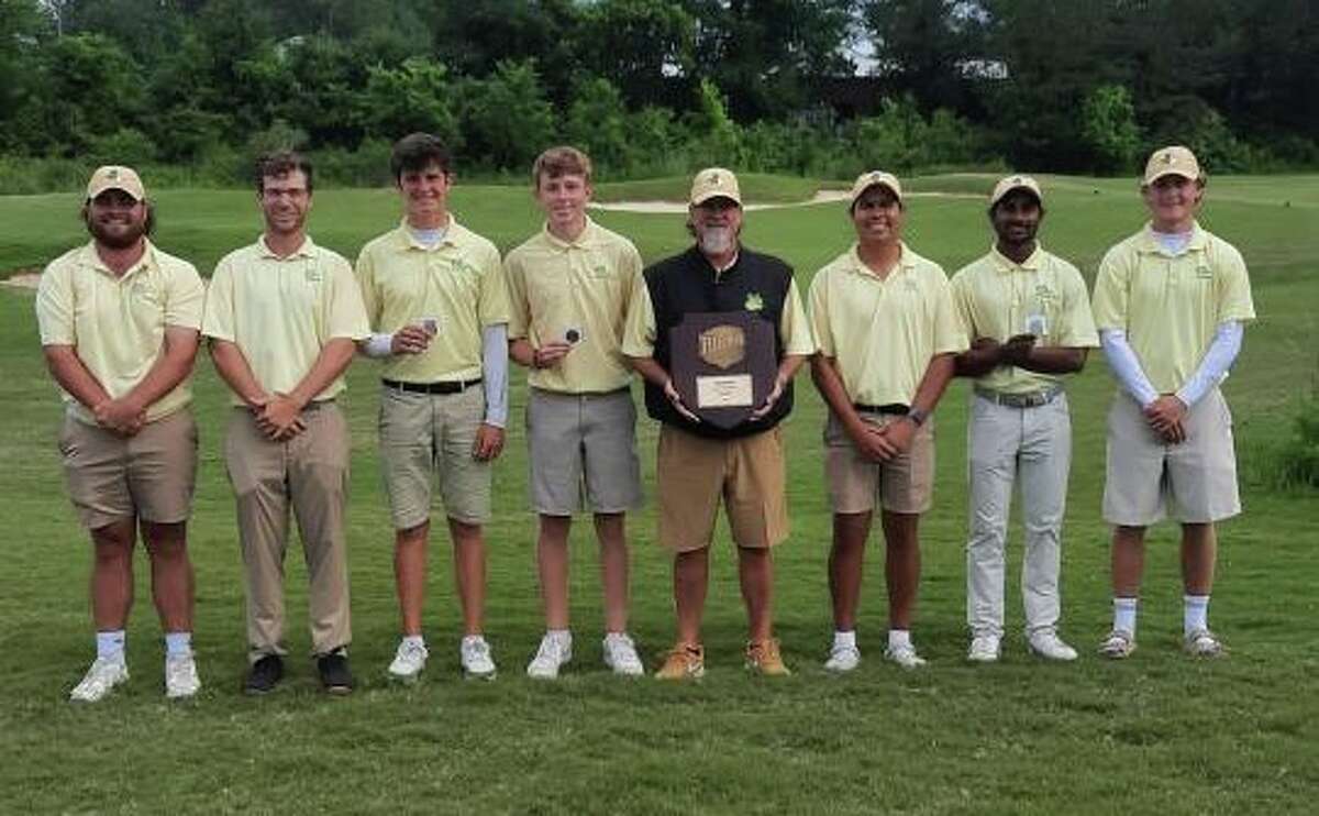 The Midland College men's golf team poses after winning the NJCAA Southwest District/Region V Championship on 4/25/2023 at Ravens Nest Golf Club in Huntsville. 