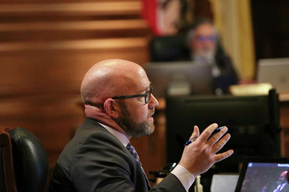 Supervisor Rafael Mandelman speaks at the S.F. Board of Supervisors at City Hall in San Francisco in March. Mandelman sponsored the legislation to repeal a law that prevented the city from doing business with companies in states that limited LGBTQ and voting rights, and abortion access.