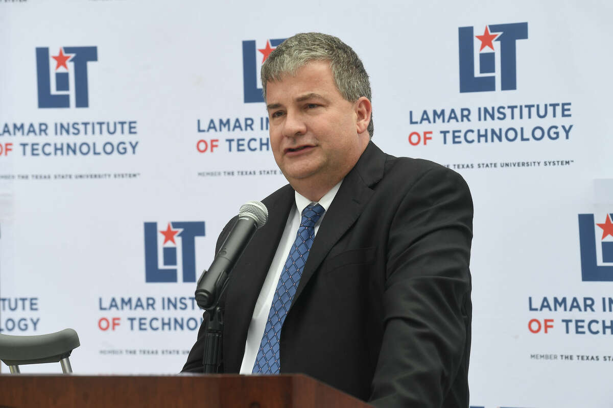 Lamar Institute of Technology President Sidney Valentine talks before a groundbreaking ceremony at the future site of the new Workforce and Allied Health Training Center. Photo made Tuesday, April 25, 2023 Kim Brent/Beaumont Enterprise