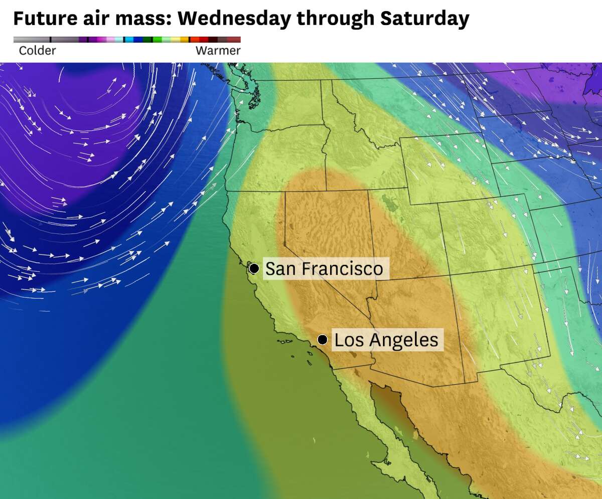 The temperatures of the atmosphere at around 5,000 feet, with a wave of hot air flowing into California between Wednesday and Friday. This air mass will raise temperatures across the state, increasing the heat risk for inland residents.