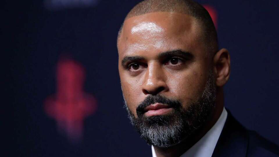 Ime Udoka listens to questions as he is officially announced as the new head coach of the Houston Rockets during a press conference held at the Toyota Center Wednesday, Apr. 26, 2023 in Houston.