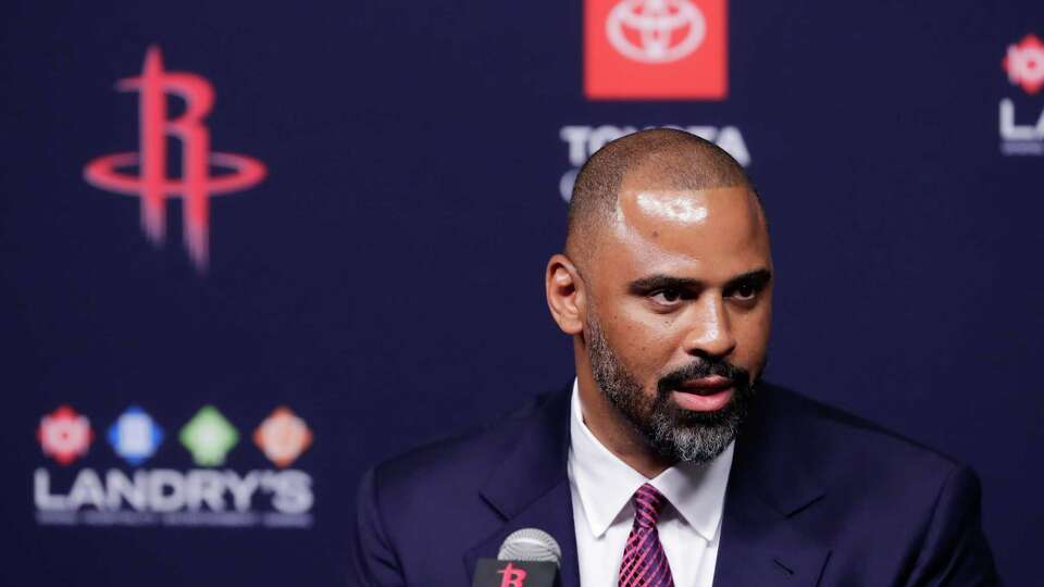 Ime Udoka comments to questions as he is officially announced as the new head coach of the Houston Rockets during a press conference held at the Toyota Center Wednesday, Apr. 26, 2023 in Houston.