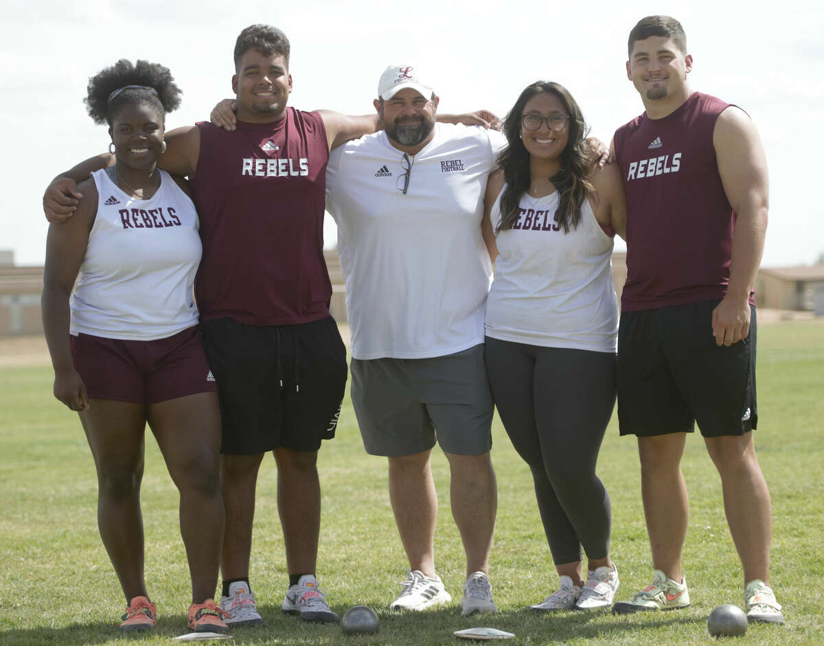 Legacy regional qualifiers Bolaji Subair (far left), Girevis Bobey (second left), Leah Acosta (second right) and Cade Decker (far right) are pictured with their throws coach Frank Maldonado. 