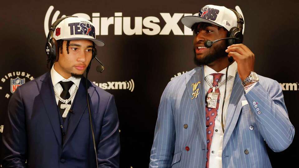 IMAGE DISTRIBUTED FOR SIRIUSXM - Houston Texans' first-round NFL football picks C.J. Stroud and Will Anderson Jr. are interviewed on SiriusXM's NFL Radio during coverage of the 2023 NFL Draft on Thursday, April 27, 2023 in Kansas City, MO. (Colin Braley/AP Images for SiriusXM)