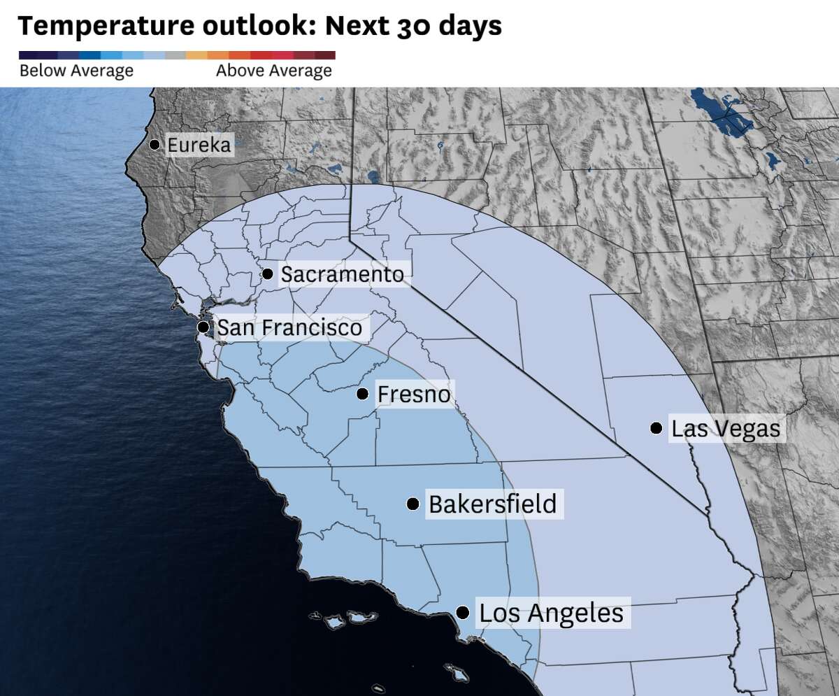 The Climate Prediction Center’s temperature outlook for May, with the chances for below-average temperatures increasing as you head toward the Central Coast. Other noteworthy areas include the Bay Area’s inland valleys and the Los Angeles metro area.