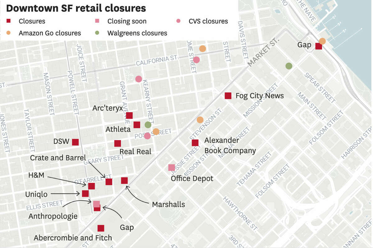Dozens of retailers in downtown San Francisco have closed since the pandemic's onset in 2020.