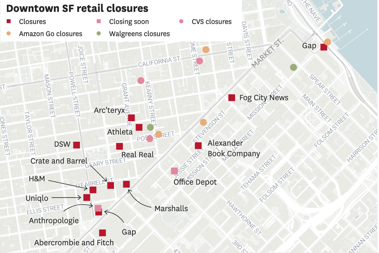 The pandemic took a heavy toll on San Francisco’s already struggling retailers, with dozens shuttering in the city’s downtown core since 2020 as 