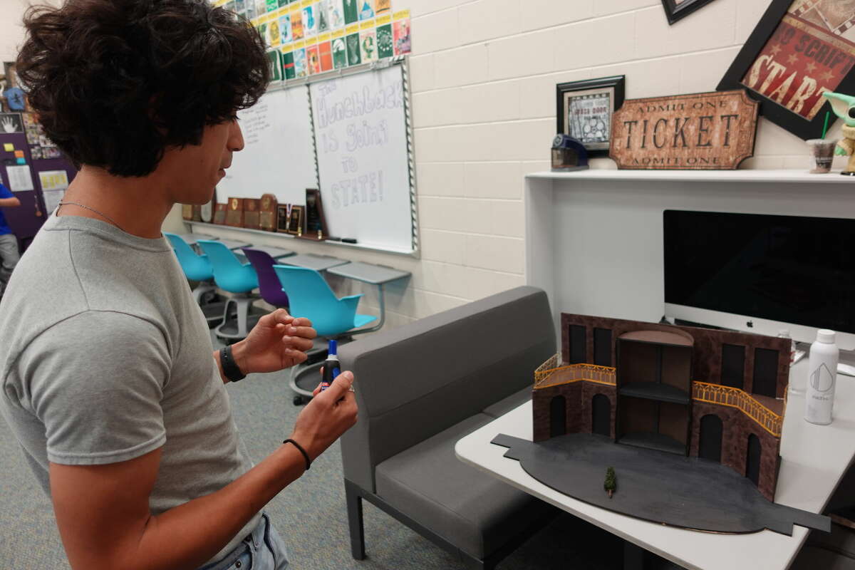 Sabine Pass senior Caleb Daniels shows his set design for the University Interscholastic League State Theatrical Design competition. Photo taken April 26, 2023. Photo by Olivia Malick/ The Enterprise.