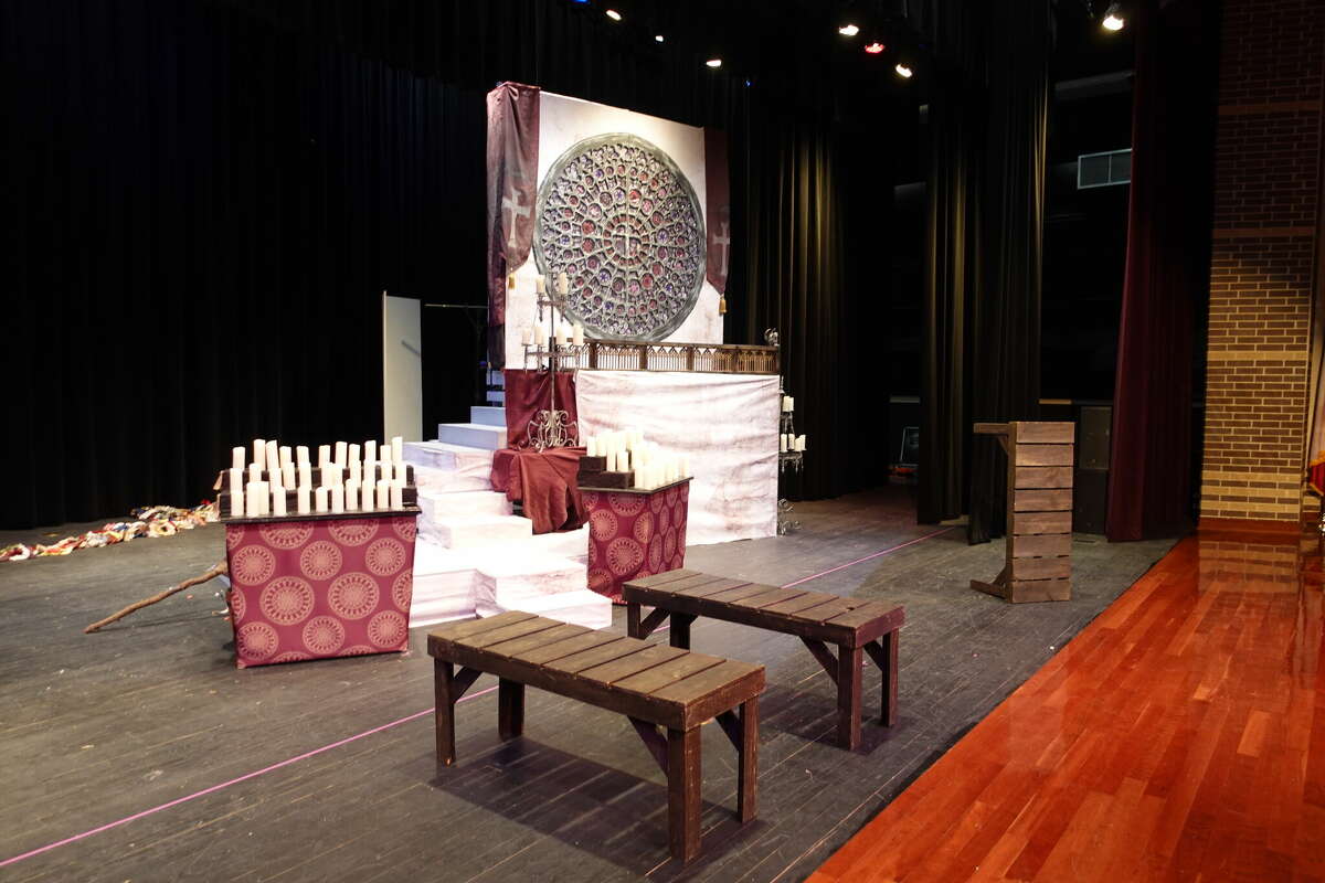 The One-Act Play set Sabine Pass students created for their production of "The Hunchback of Notre Dame." The students will perform the play at the UIL State One-Act Play Meet in early May and will have only seven minutes to assemble the set. Photo taken April 26, 2023. Photo by Olivia Malick/ The Enterprise.