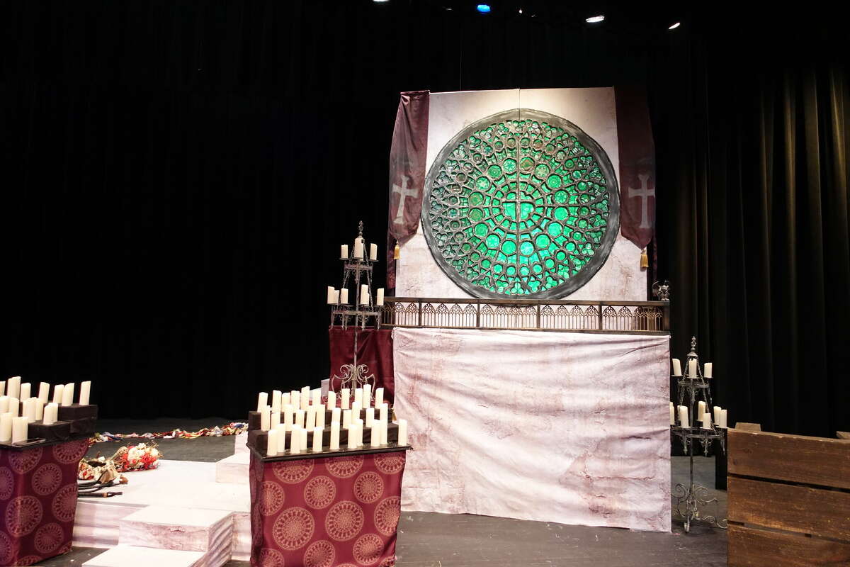 The One-Act Play set Sabine Pass students created for their production of "The Hunchback of Notre Dame." The students will perform the play at the UIL State One-Act Play Meet in early May and will have only seven minutes to assemble the set. Photo taken April 26, 2023. Photo by Olivia Malick/ The Enterprise.