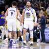 Golden State Warriors’ Stephen Curry celebrates one of his baskets against Sacramento Kings during 3rd quarter of Game 7 of NBA Western Conference 1st Round Playoffs at Golden 1 Center in Sacramento, Calif., on Sunday, April 30, 2023.