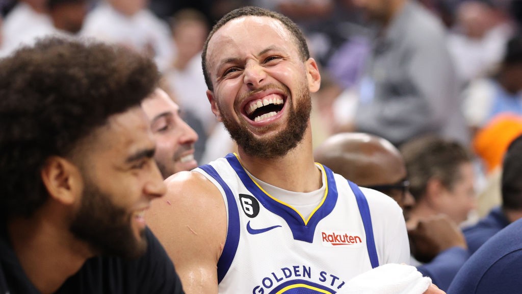 Stephen Curry of the Golden State Warriors smiles during a game