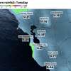 The forecast rainfall totals for Tuesday across the Bay Area, with up to half an inch of rain possible along parts of the coast while inland residents can expect anywhere from a couple tenths of an inch to four tenths of an inch of rain.