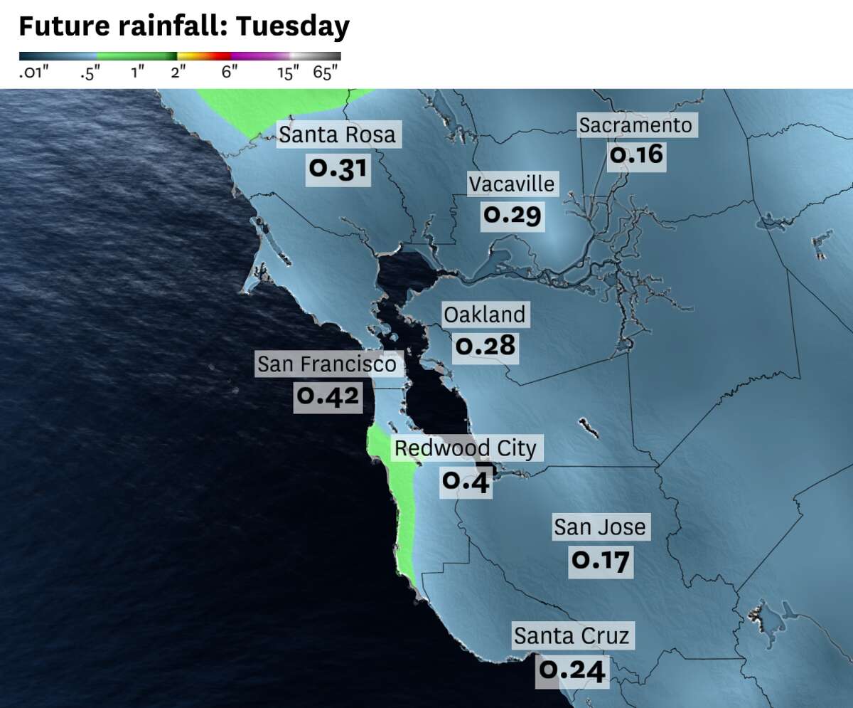预计周二整个湾区的降雨总量，沿海部分地区可能会有半英寸的降雨，而内陆居民可能会有十分之二英寸到十分之四英登录必赢亚洲寸的降雨。