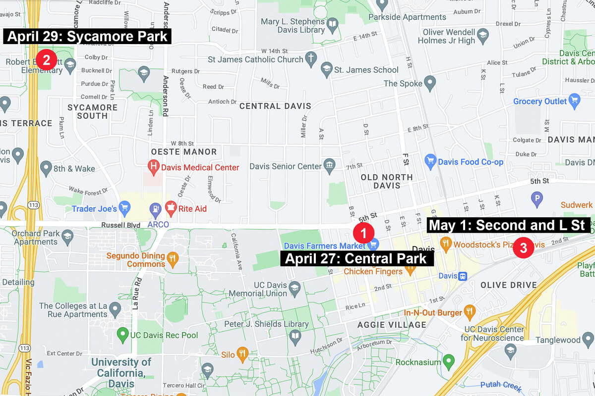 A map shows the locations of three stabbings that have left two people dead and put Davis, Calif., on edge. 