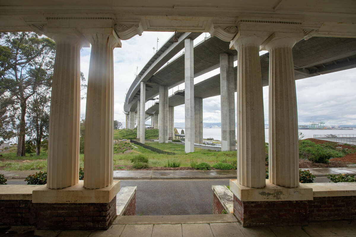 The view from the porch of Nimitz House, the former home of Admiral Chester Nimitz, is blocked by the east span of the Bay Bridge on Yerba Buena Island on May 2, 2023 in San Francisco, California.