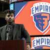 Former NFL wide receiver Antonio Brown speaks during a press conference to re-introduce Tom Menas as coach of Albany Empire at MVP Arena on Wednesday, May 3, 2023 in Albany, N.Y.