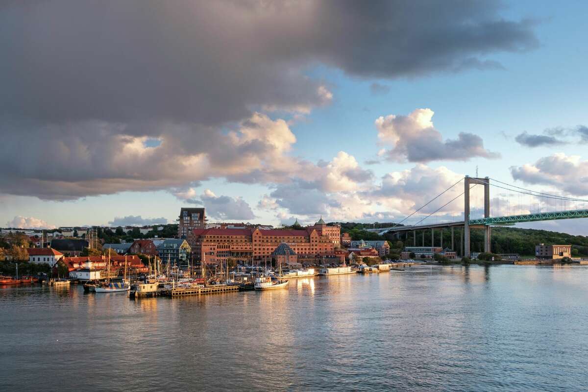 Alvsborg Bridge and harbor area at sunset, Gothenburg, Sweden.