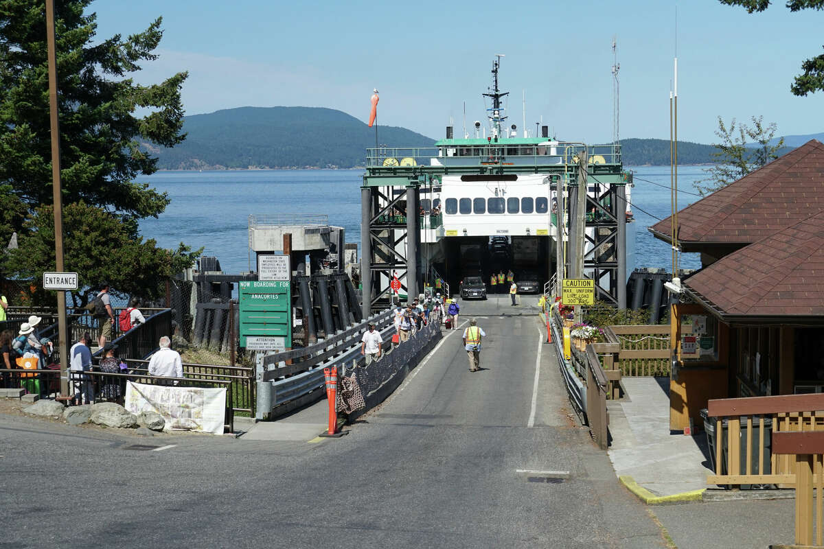 Washington State Ferry at dock on Lopez Island, the third largest of the San Juan Islands in Washington. 