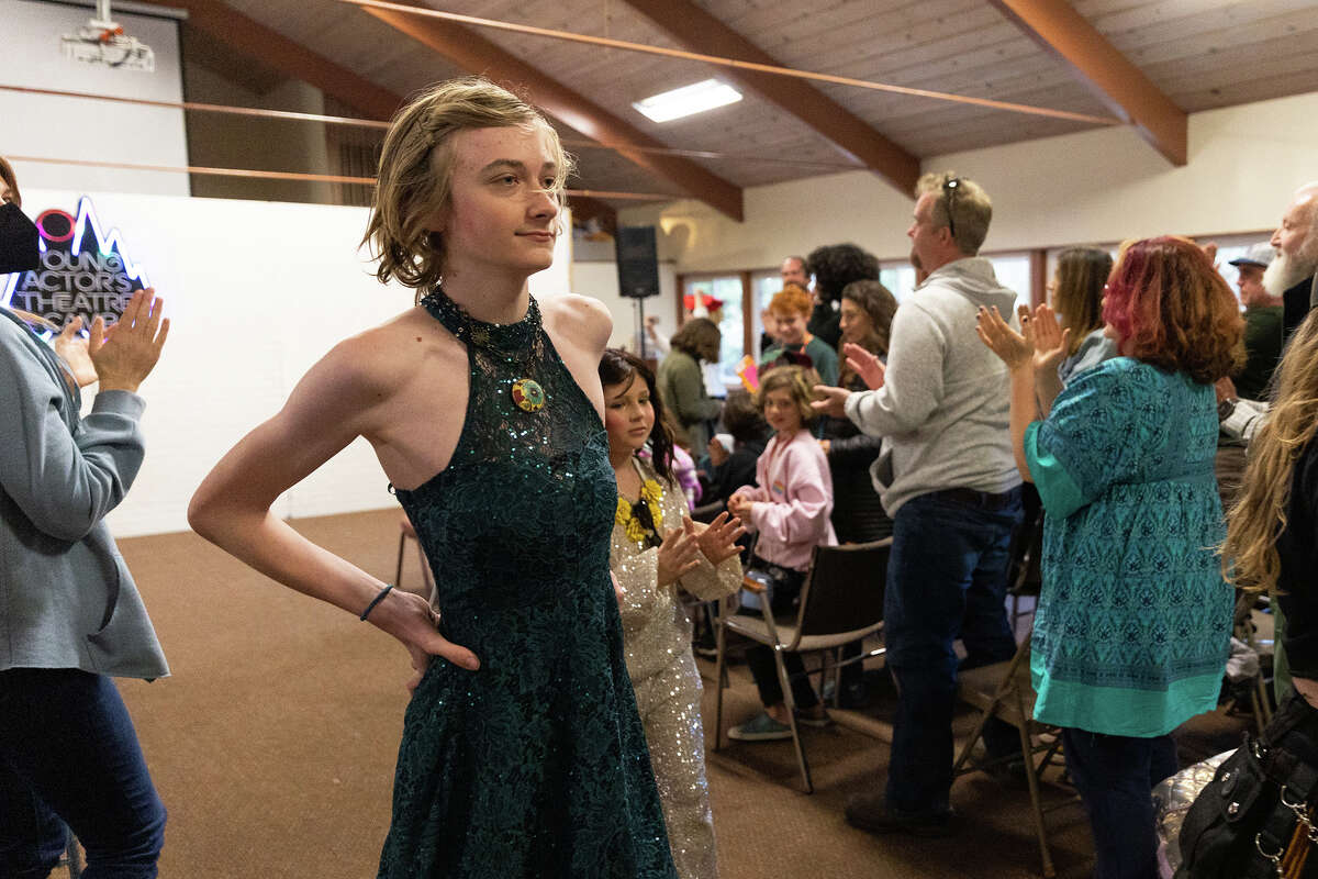 “The Art of Drag” workshop participant Twozie performs in the Young Actors’ Theatre Camp showcase in Ben Lomond on April 2, 2023.